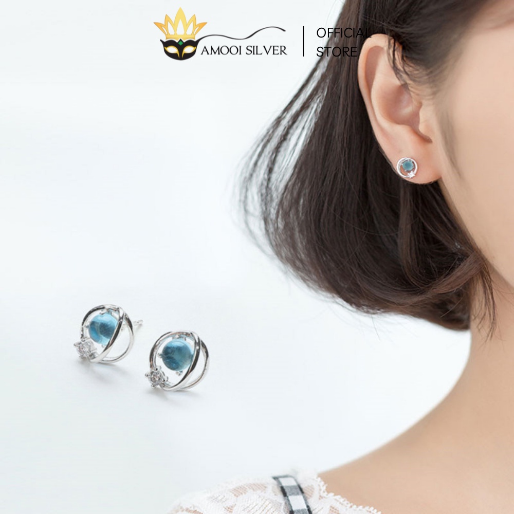 Bông Tai Bạc Cao Cấp S925 Đính Đá Xanh Ngọc Blue Eye - Amooi Silver AB55