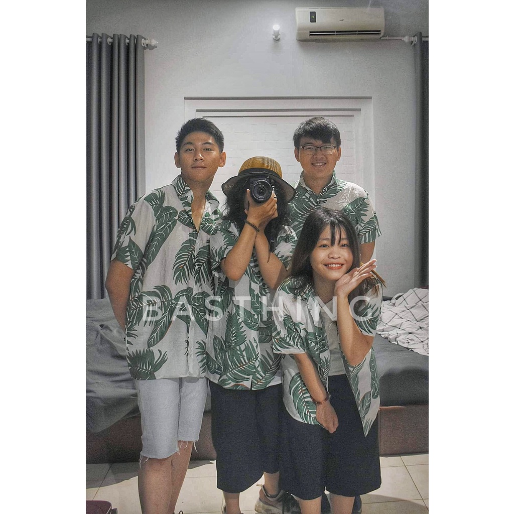 Áo sơ mi đi biển nam nữ - Lá cây - Đồng phục đi biển gia đình , nhóm lớp , cty vãi đũi mềm mịn mát - sơ mi Hawaii đi cây