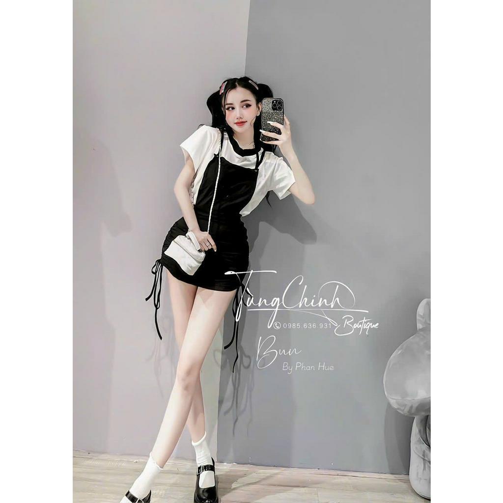 Sét bộ đồ nữ áo cộc tay trắng trẻ trung nhí nhảnh mix yếm ôm body tôn dáng cá tính đi chơi dự tiệc