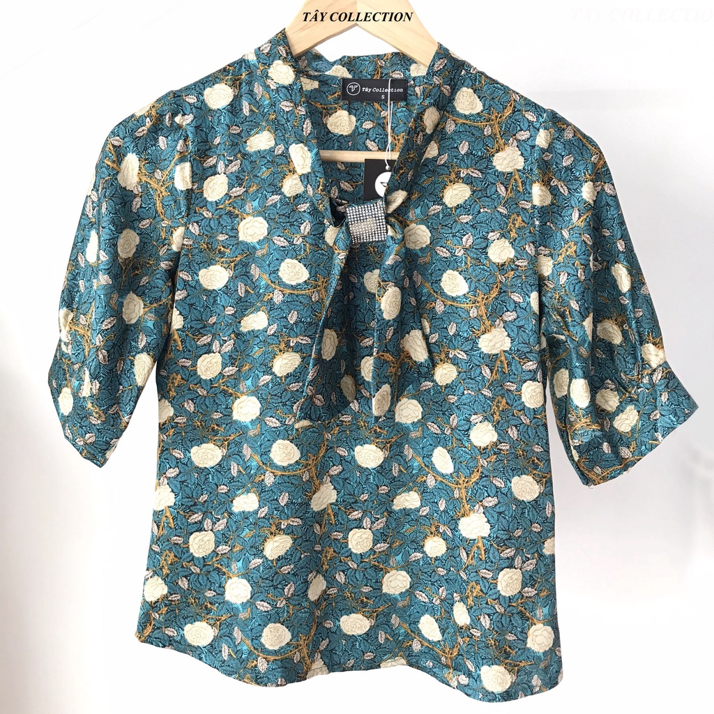 Áo sơ mi nữ Cottong lụa phối cổ nơ bản to thanh lịch và thời thượng Tây Collection