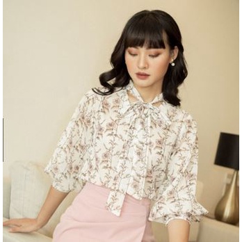(LYB) Áo VELLA sơ mi họa tiết hoa thắt nơ size M