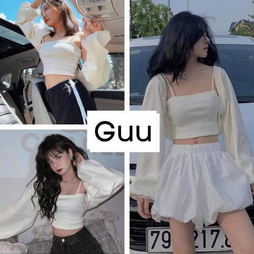 Set áo 2 món kiểu cadigan croptop tay phồng mix áo 2 dây phong cách cá tính guuz-official