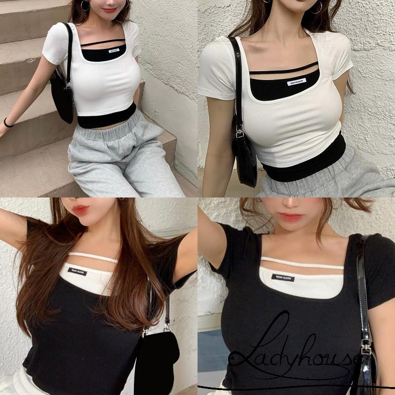 LDD-Women Close-fitting U-shaped Collar T-shirt, Variegated Color Short Sleeve Crop Tops, Black/ White