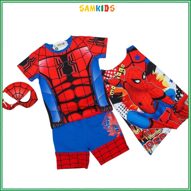 Bộ Đồ Người Nhện Cơ Bắp hãng SAMKIDS Cotton In 3D Sắc Nét Tặng Kèm Áo Choàng Và Mặt Nạ