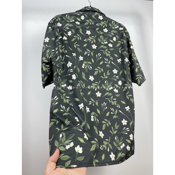 Áo sơ mi lụa unisex xanh lá đậm tối hoạ tiết ĐEN LÁ XANH | DUYHI