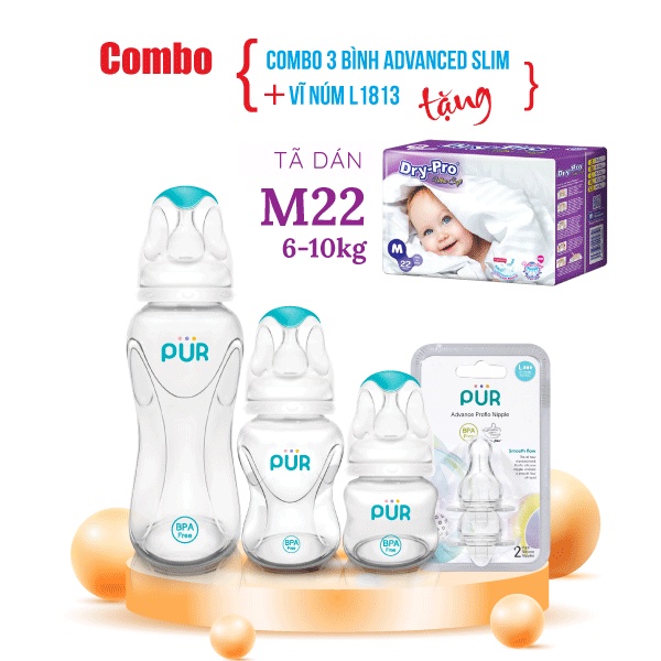 Combo 3 bình sữa Pur Advanced 60ml, 125ml, 250ml + 1 vỉ núm L + tặng gói tã bỉm cho bé