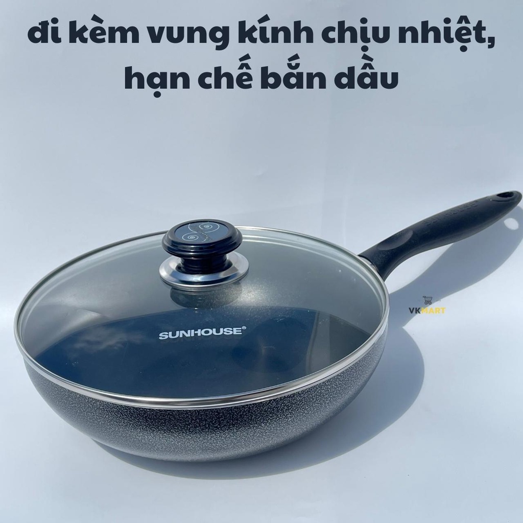 Chảo sâu lòng nắp kính, chảo chống dính Sunhouse 26cm