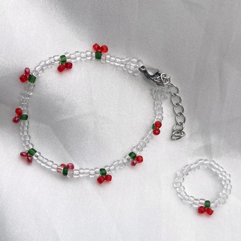 Bộ vòng tay và nhẫn trái cherry dễ thương