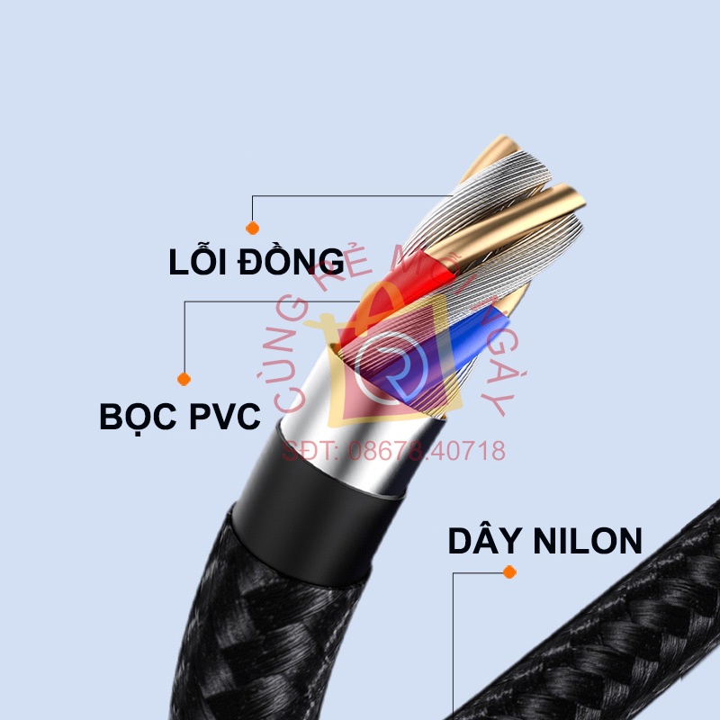Cáp dữ liệu 3 đầu sạc nhanh 66W  , 3 trong 1 cho iPhone, Android, Type-C dài 1,2 mét