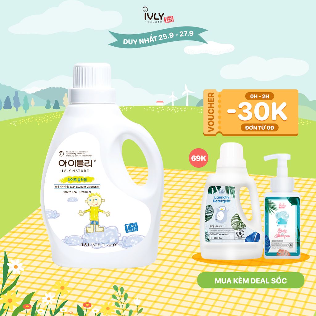 Nước giặt quần áo trẻ sơ sinh Hàn Quốc IVLY NATURE hương hoa trà trắng an toàn cho da dung tích 1800ml ivly004