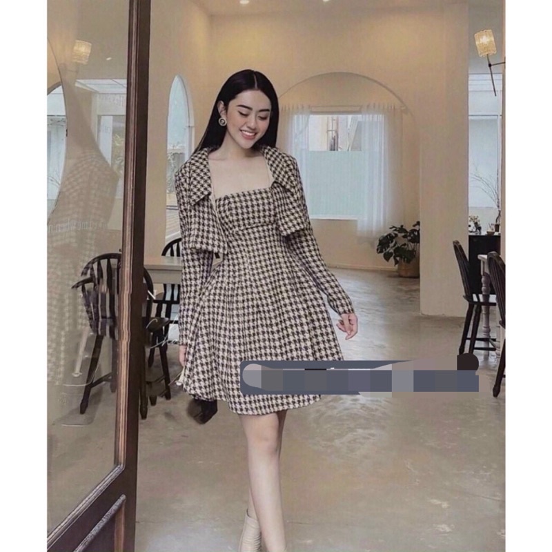Bộ Váy Dạ Kèm Áo Khoác Croptop Caro, Set Váy Dạ Kèm Khoác Blazer Họa Tiết Caro / Size S-M / Cáo Hồng Shop | BigBuy360 - bigbuy360.vn