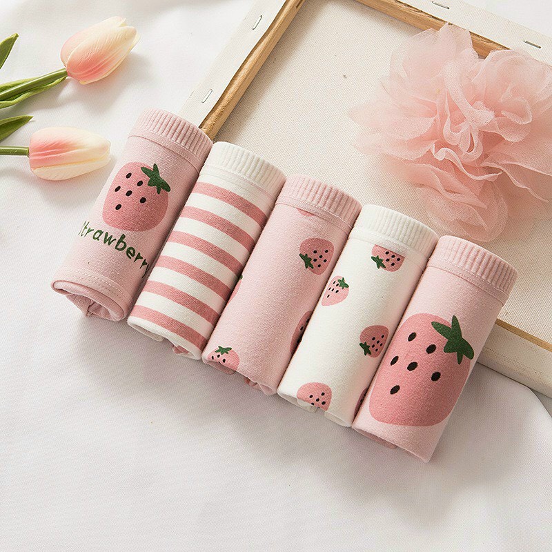Combo 5 Quần Lót Nữ Cotton Cute Dễ Thương Hình Dâu hồng Siêu Hot