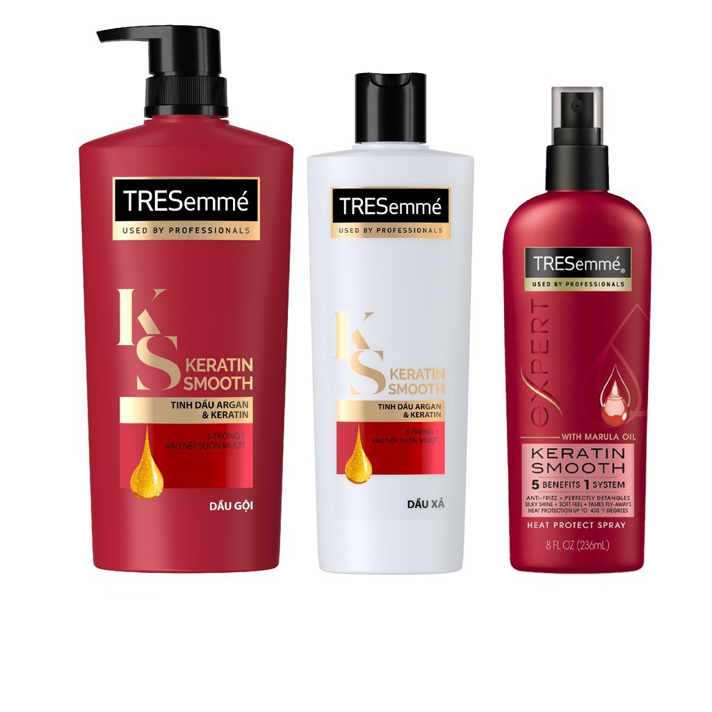 Combo Dầu gội đầu 640g + Dầu xả 340g + Xịt bảo vệ tóc khỏi nhiệt 236ml TRESemmé Keratin Smooth vào nếp suôn mượt