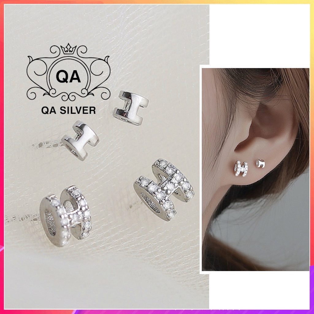 Khuyên tai bạc 925 chữ cái H đính đá bông nam nữ nhỏ S925 LETTER QA SILVER Earrings EA211003