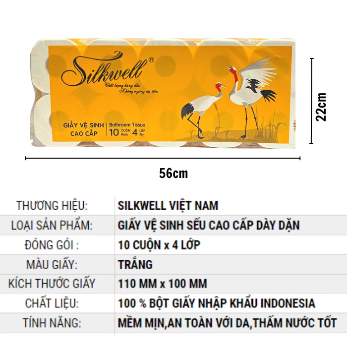 Giấy vệ sinh Silkwell Sếu 10 cuộn 4 lớp có lõi hàng Cao cấp,siêu mềm mịn không tẩy trắng chính hãng