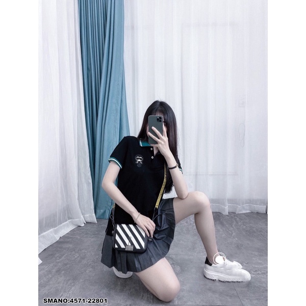 Áo polo nam nữ FD chất cotton 100% thêu logo búp bê mặt nạ karl ngực phối bo tay cổ xanh kẻ trắng cao cấp PL05P