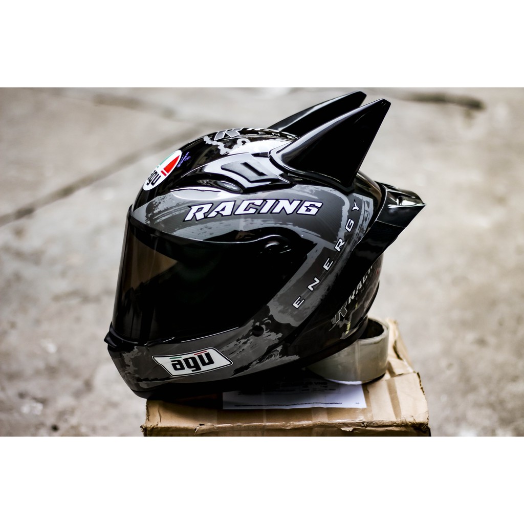 Mũ Fullface AGU Racing bạc có sừng BATMAN và Đuôi gió dễ thương