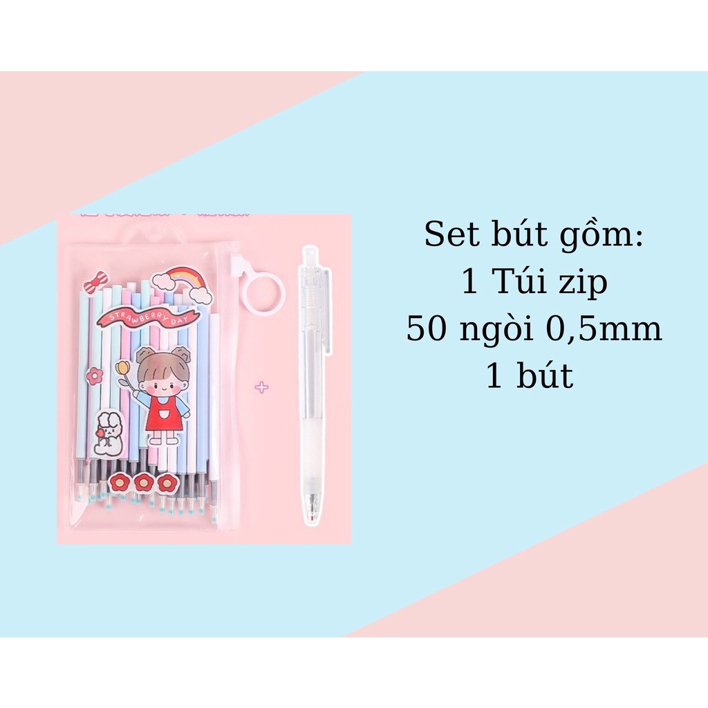 Set 50 ngòi bút viết mực nước đen tặng kèm túi zip đựng bút và sticker dán văn phòng phẩm dễ thương Tom House