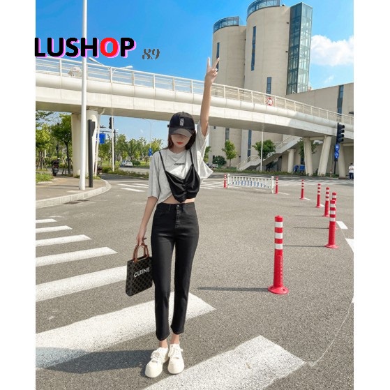 Quần bò baggy nữ Đen lưng cao cạp cao 3 size S M L hot năm 2021 Lushop89 QT11 | BigBuy360 - bigbuy360.vn