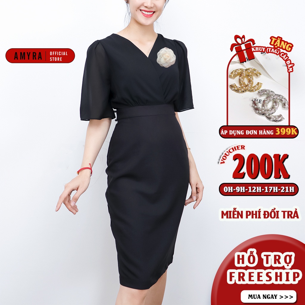 (Tặng tag cài) Đầm trung niên nữ thiết kế cao cấp cho mẹ AMYRA thiết kế cổ V bo eo dáng ôm đi dạ hội, đi chơi Da165
