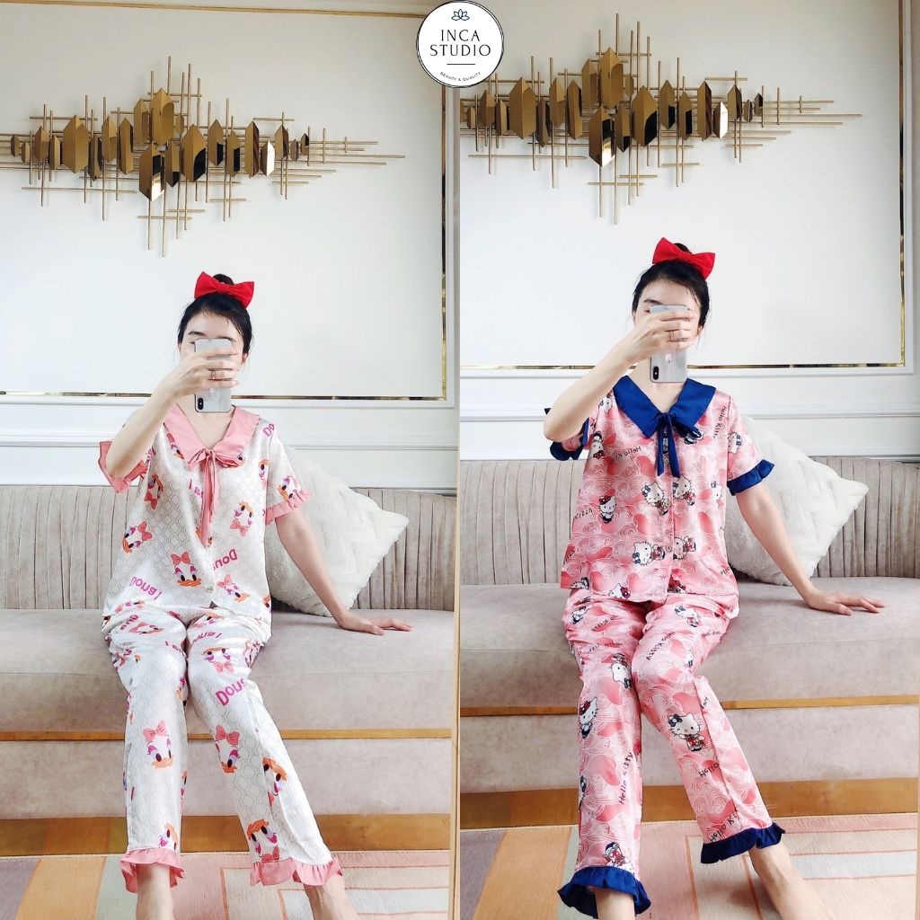 (Xả khoLoại 1-Có Size) Đồ ngủ Pyjama lụa Satin cộc dài họa tiết INCA 14- Chất Lụa thoáng mát, Họa tiết siêu xinh