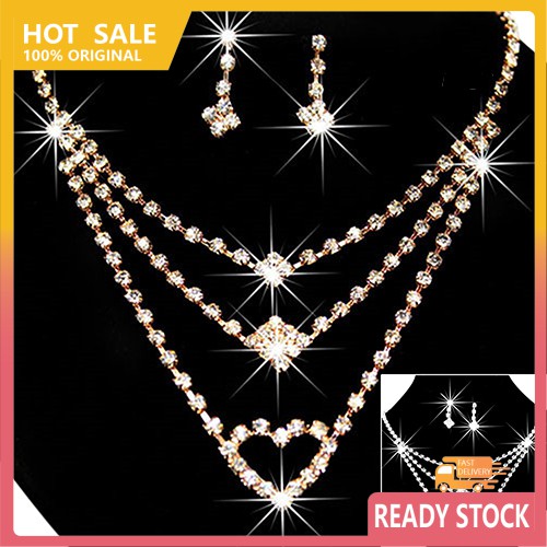 (Hàng Mới Về) Bộ vòng cổ + Bông Tai Nhiều Lớp Hình Trái Tim Đính Đá Thời Trang Cho Nữ