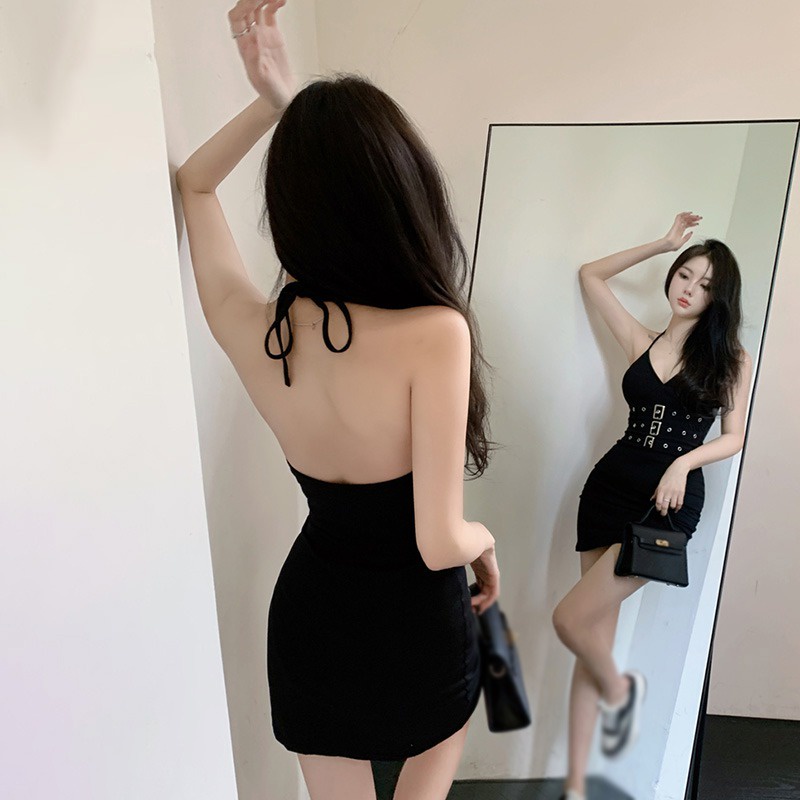 Đầm Mini Không Tay Màu Trơn Ôm Dáng Hở Lưng Phối Khóa Kim Loại Thời Trang Hàn Quốc Cho Nữ