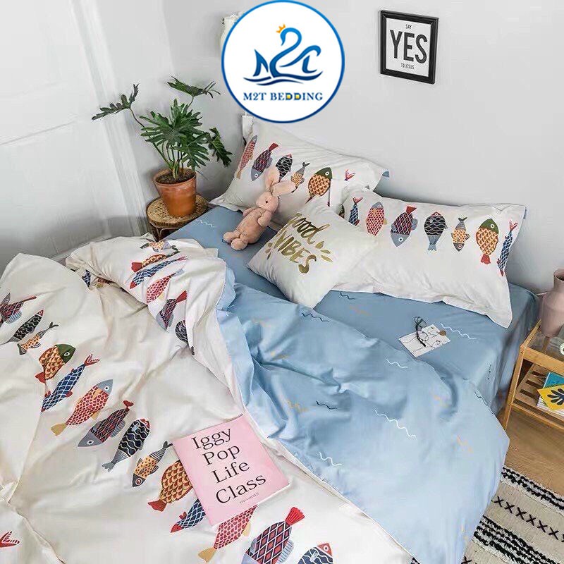 Bộ chăn ga gối cotton poly M2T Bedding Đàn cá xanh, vỏ chăn mền, drap nệm và 2 vỏ gối