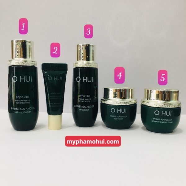 Set dưỡng trắng căng bóng da và chống lão hóa Ohui Prime Advancer Ampoule mini 5 sản phẩm.