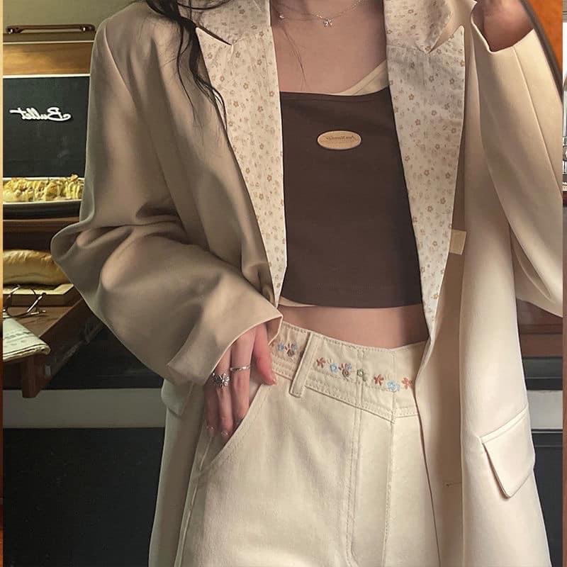 Quần jeans/short trắng cạp cao thêu hoa cho nữ