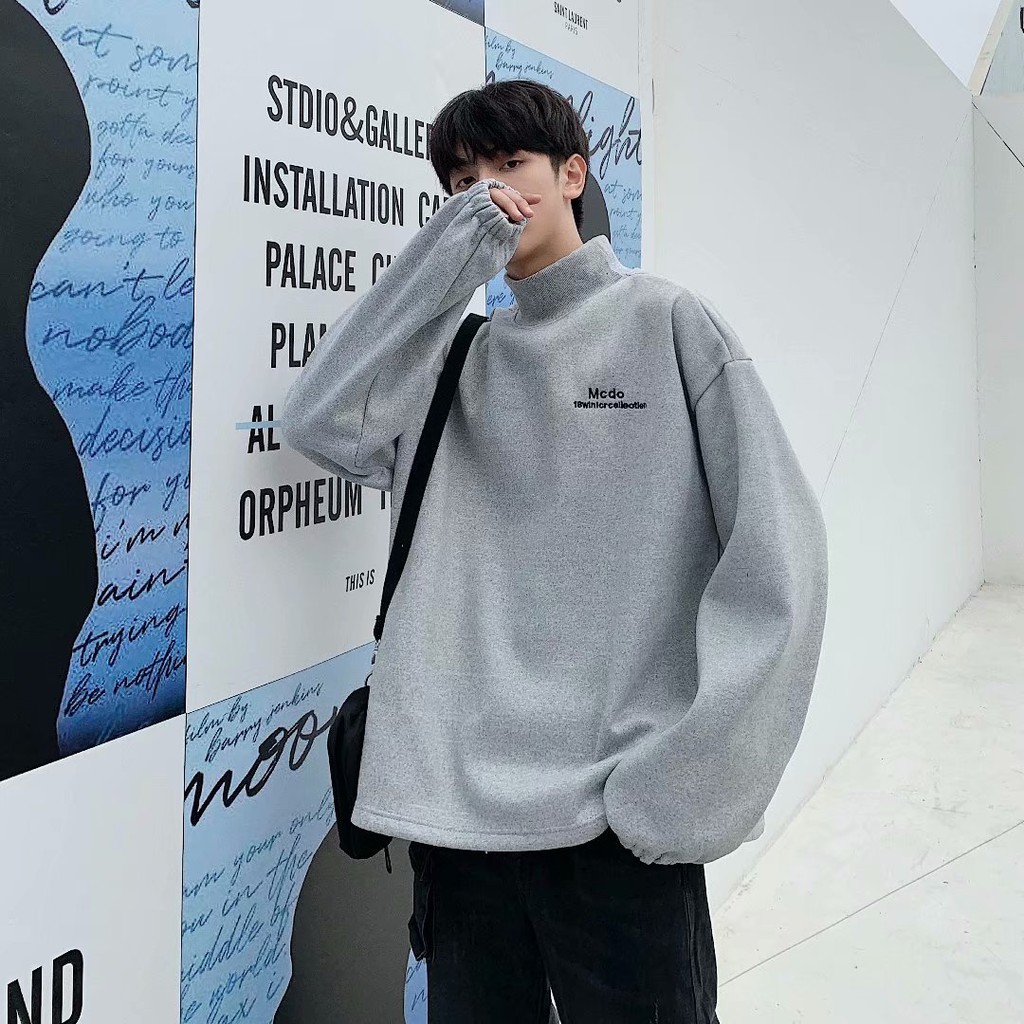 Áo len vải cashmere dáng dài phong cách thời trang cho nam giới Áo Nỉ Tay Dài Cổ Lọ In Chữ Nhiều Cỡ Lớn M-2XL