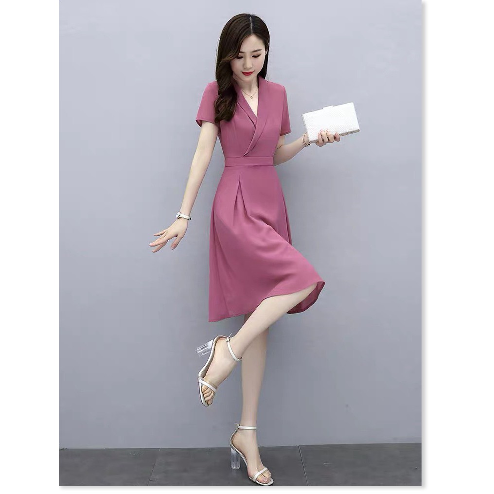 Đầm nữ cổ vest xếp ly tay lỡ dự tiệc sang chảnh thời trang cao cấp