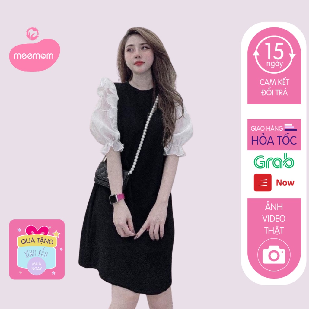 Váy bầu đẹp - đầm bầu công sở dáng suông 2 màu kẻ đen tay bồng lửng BN53 - Meemom