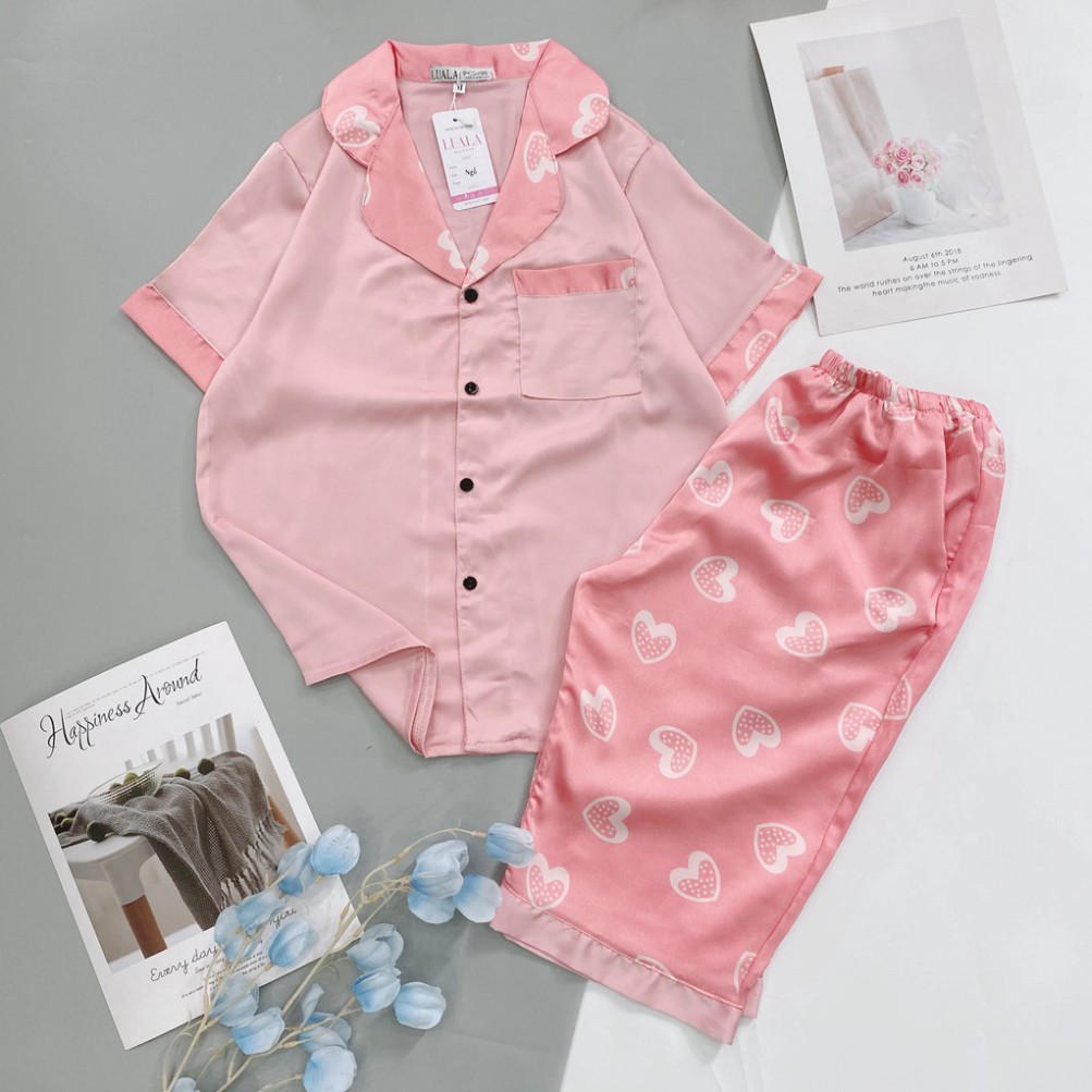 Bộ Lụa Satin Cổ Tim Tay Ngắn Quần Ngố Đồ Bộ Mặc Nhà Bộ Ngủ Pijama BP04 - Babi mama