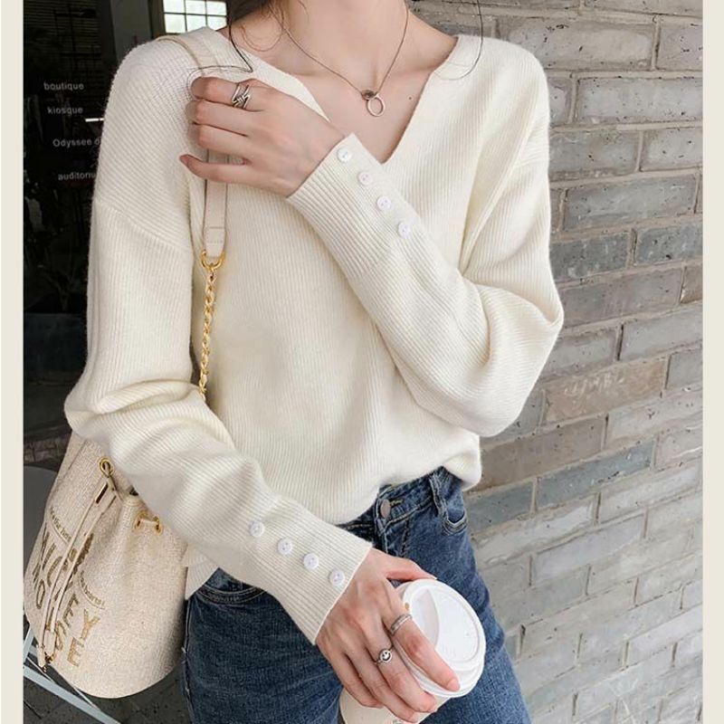 Áo Len Cổ Chữ V Phong Cách Retro Thời Trang Thu Đông Cho Nữ