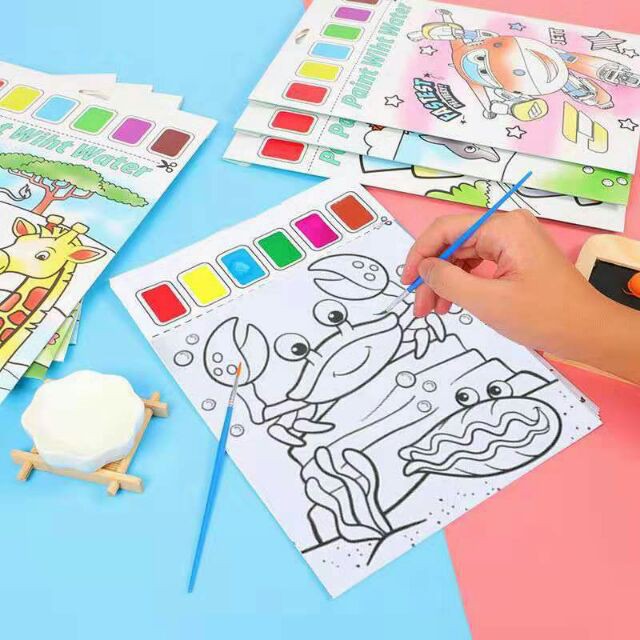 Set 18 tranh tô màu cho bé làm quen với màu nước (có kèm màu và cọ)