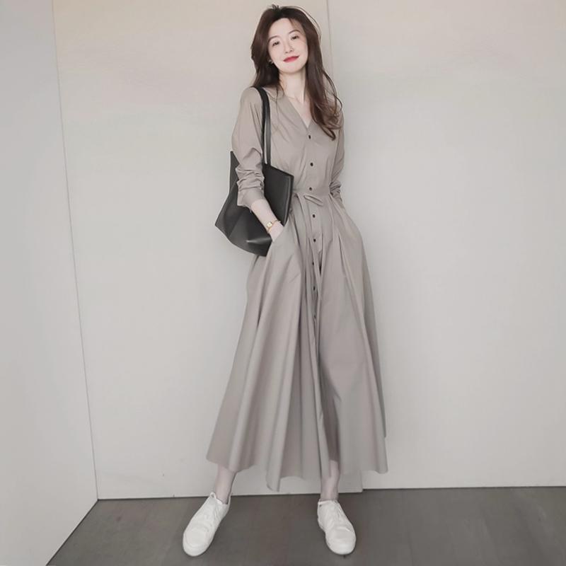 Đầm Dài Màu Xám Thiết Kế Chiết Eo Phong Cách Pháp Thời Trang Xinh Xắn Cho Nữ