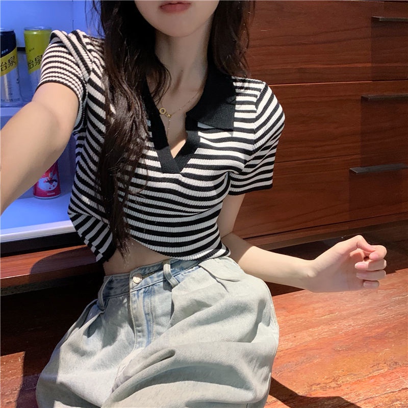 Áo thun BH tay ngắn họa tiết kẻ sọc thiết kế mới thời trang mùa hè theo phong cách Hàn Quốc cho nữ