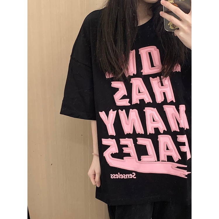 Áo Thun Nữ Ngắn Tay Màu Đen In Chữ Phong Cách Retro Mỹ