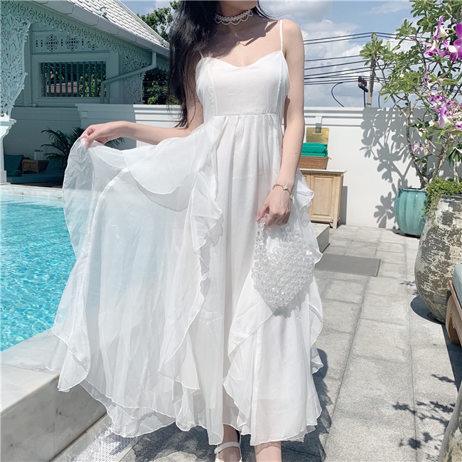 Đầm Maxi 2 Dây Bèo Voan LSEOUL V1286 Mềm Mại Ngọt Ngào Nữ Tính