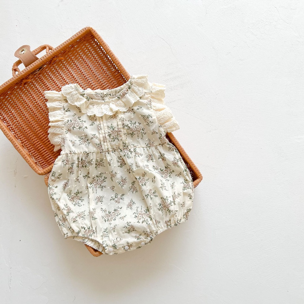 Bộ Áo Liền Quần Bằng Cotton Phối Ren Hoa Dễ Thương Dành Cho Bé Gái