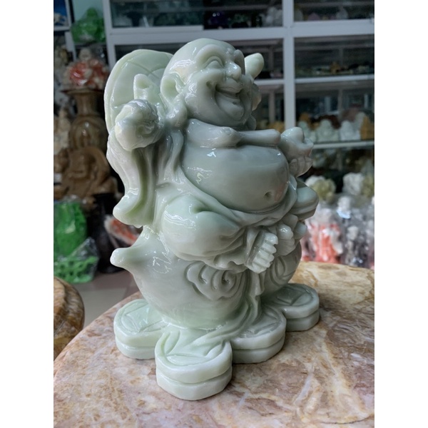 Tượng Cụ Di Lặc Cười Hoan Hỉ Đá Cẩm Thạch Trắng Xanh - cao 21cm