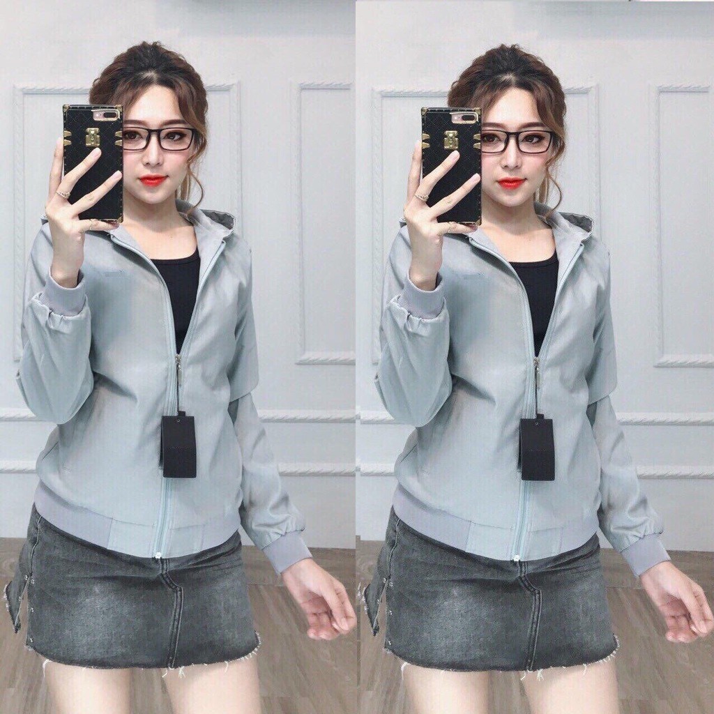 [S03] Áo khoác dù nữ 2 lớp phối sọc tay in chữ có nón hàng đẹp - M063 + M907