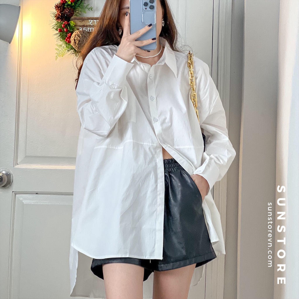 Áo sơ mi nữ tay dài form rộng có túi 2 màu đen và trắng