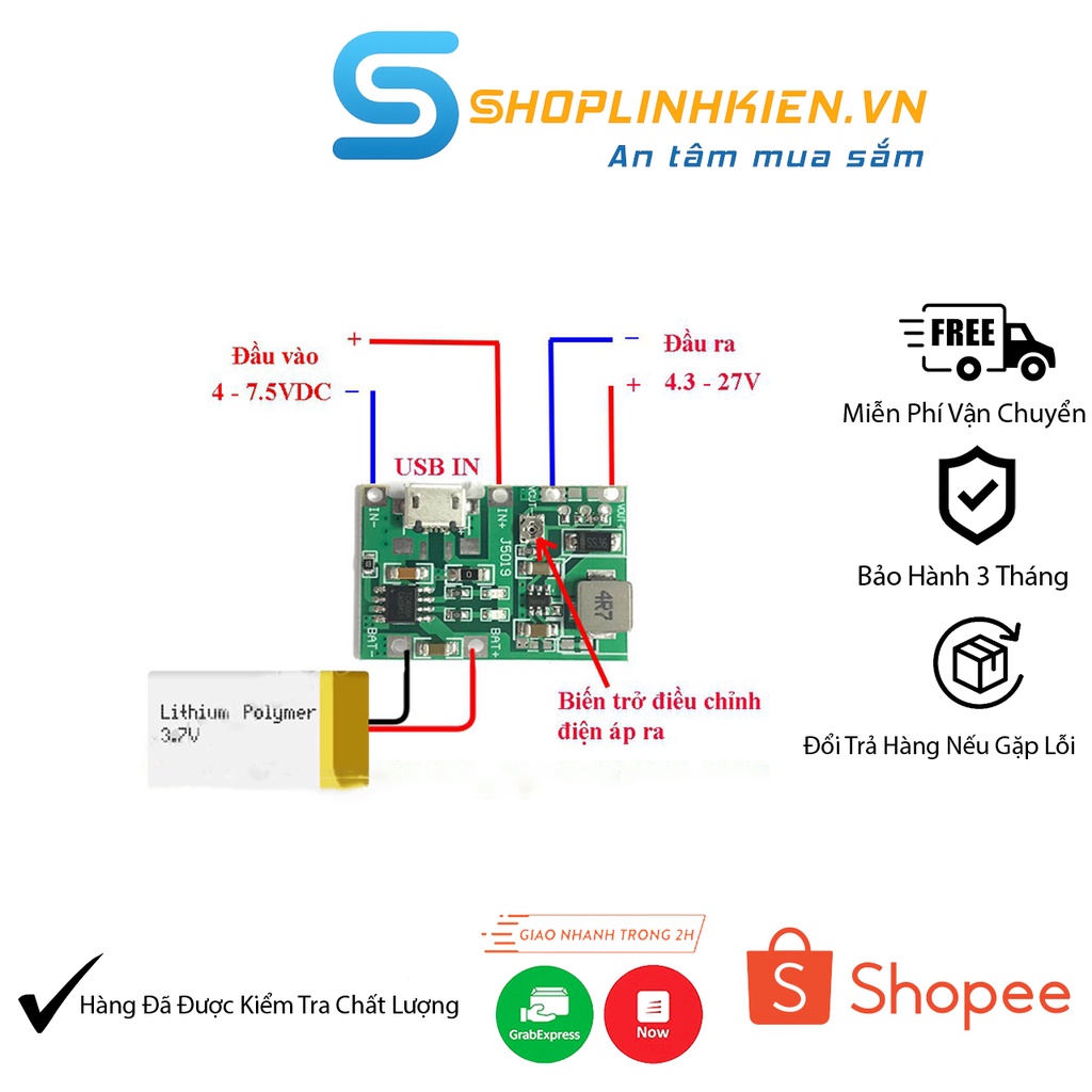 Mạch Tăng Áp 4.3-27V Tích Hợp Sạc Pin 18650 TA-J5019Mạch UPS mini