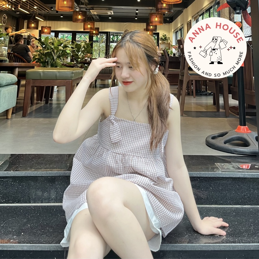 Set đồ nữ áo 2 dây kẻ caro buộc nơ vai kèm quần đùi ngắn, bộ đồ nữ Áo 2 dây babydoll và quần short nữ chất đũi xốp