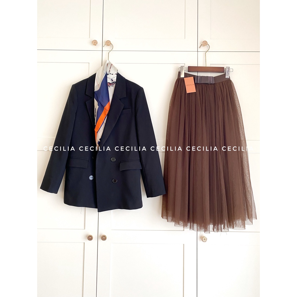 Áo blazer nữ dài tay 2 lớp CECILIA Design thiết kế AZURA khoác vest màu đen  dáng suông Hàn Quốc, có đệm vai