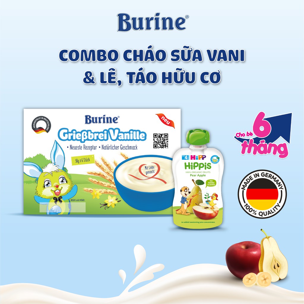 Combo Cháo Sữa BURINE Vani Và Trái Cây Nghiền HiPPiS Lê, Táo Cho Trẻ  Biếng Ăn Từ 6 Tháng Tuổi CSVANI_8572