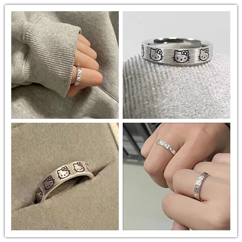 Nhẫn Bạc Họa Tiết Mèo Hoạt Hình Có Thể Điều Chỉnh Kích Cỡ Thời Trang Cho Cặp Đôi