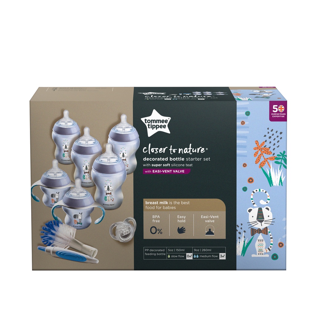 Bộ bình sữa sơ sinh họa tiết ty siêu mềm tự nhiên Tommee Tippee Closer to Nature - Xanh dương